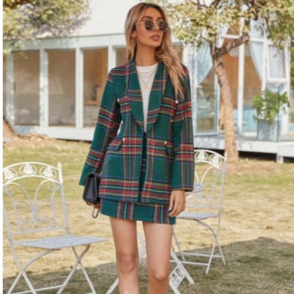 Tartan Shawl Collar Double Breasted Blazer